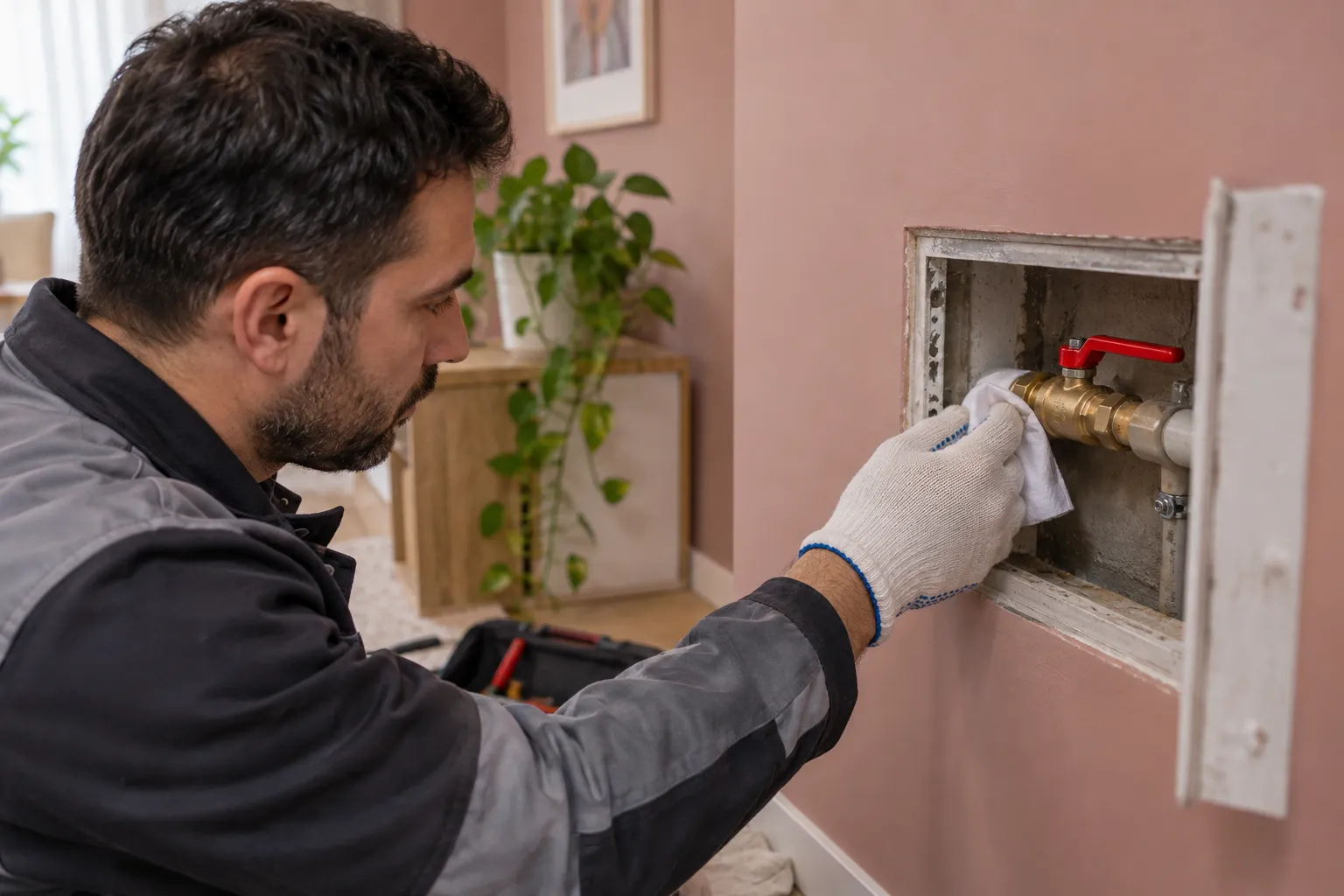 Duvar açıklığındaki boru bağlantısında çalışan teknisyen