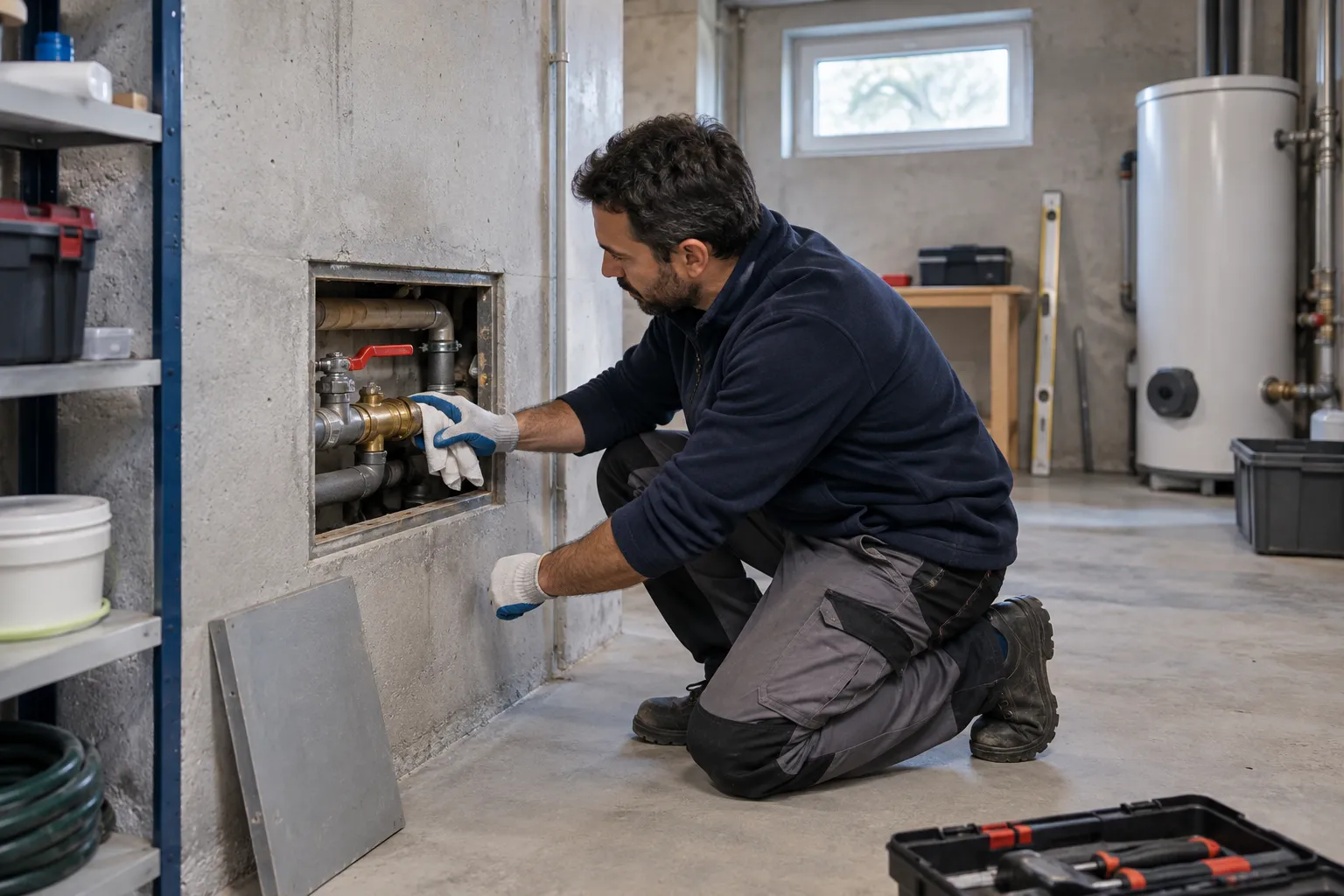 Servis açıklığındaki boru birleşiminde aletle çalışan teknisyen