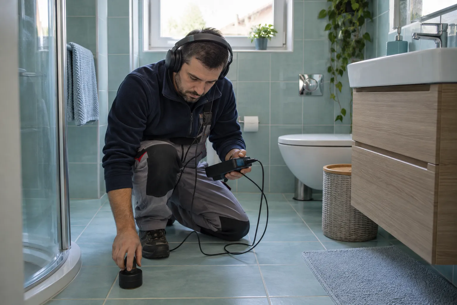 Banyo zemininde kablolu dinleme ekipmanını kullanan teknisyen