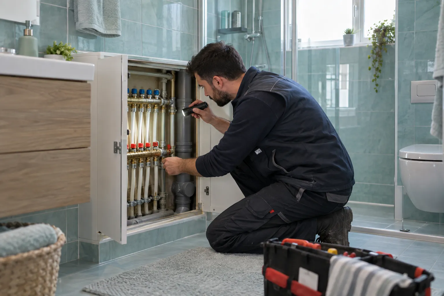 Servis dolabındaki tesisat bağlantılarını inceleyen teknisyen