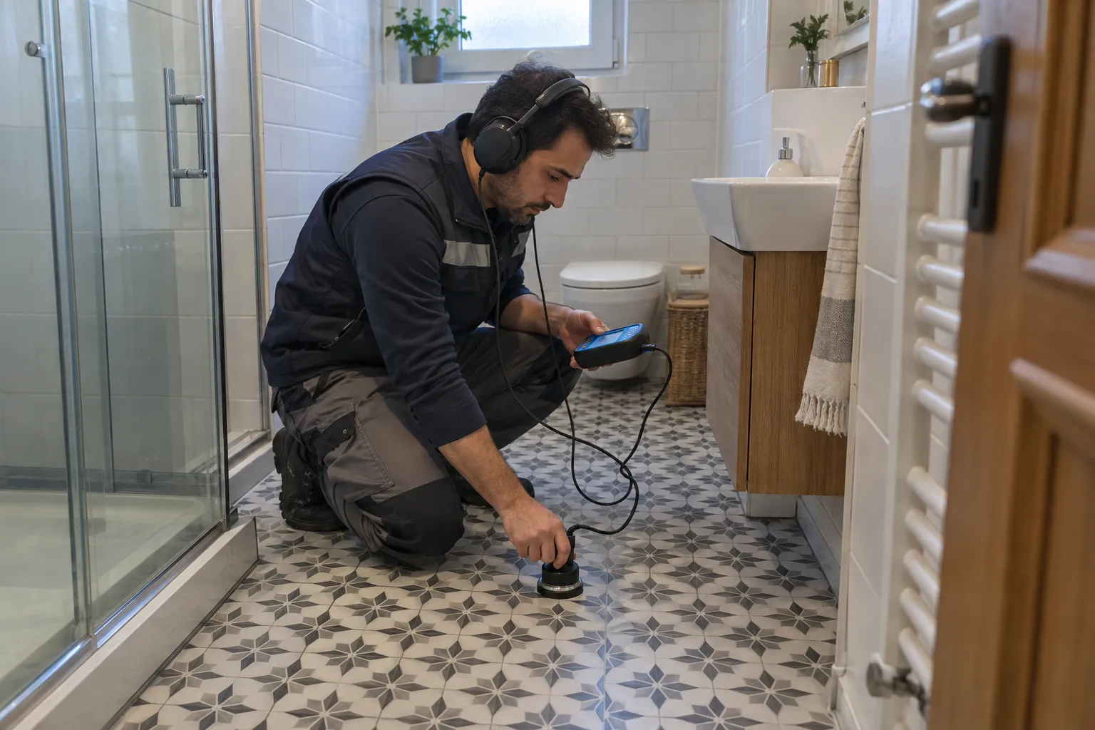 Banyo zemininde kablolu dinleme ekipmanını kullanan teknisyen