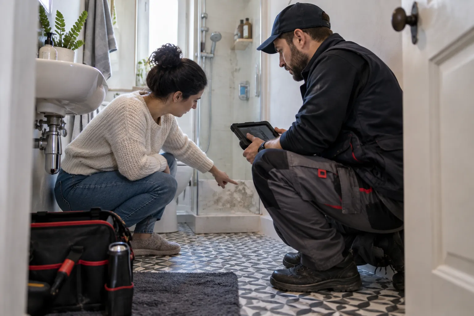 Duvarın altındaki alanı gösteren kullanıcı ve tablet tutan teknisyen
