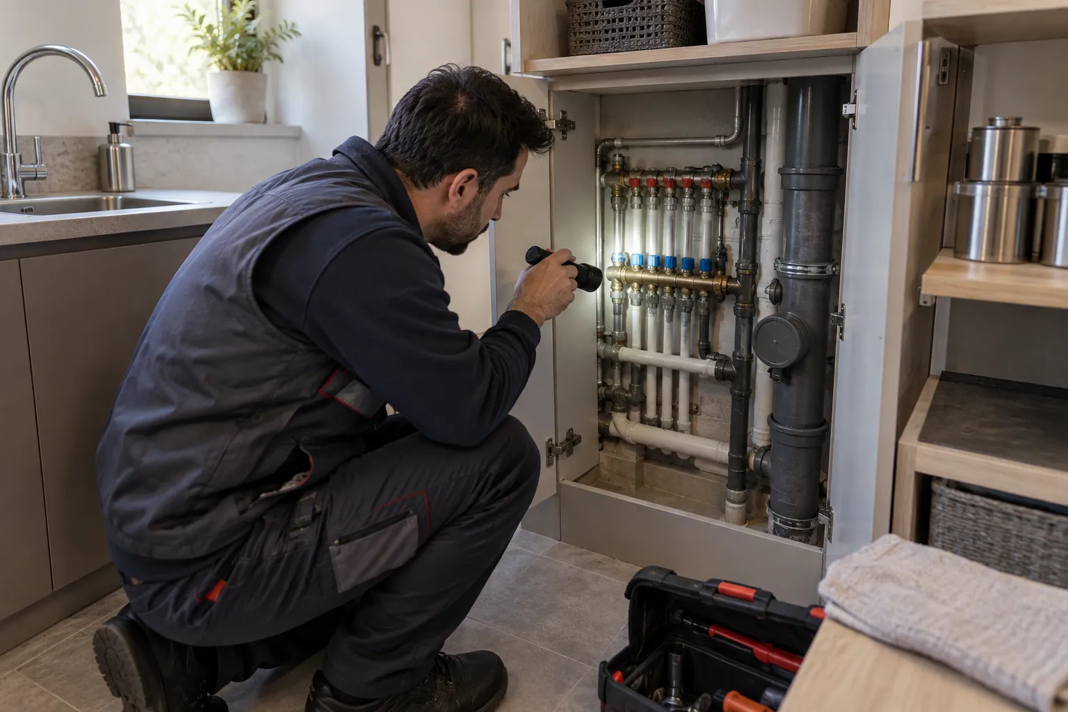 Servis dolabındaki dağıtım bağlantılarını kontrol eden teknisyen