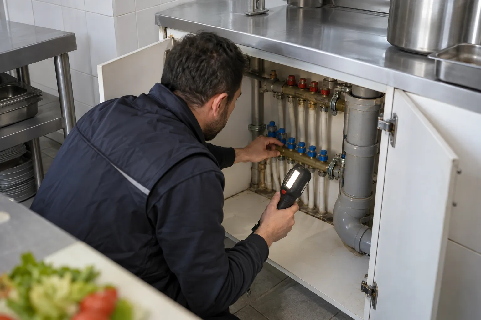 Dolap içindeki dağıtım bağlantılarını inceleyen teknisyen