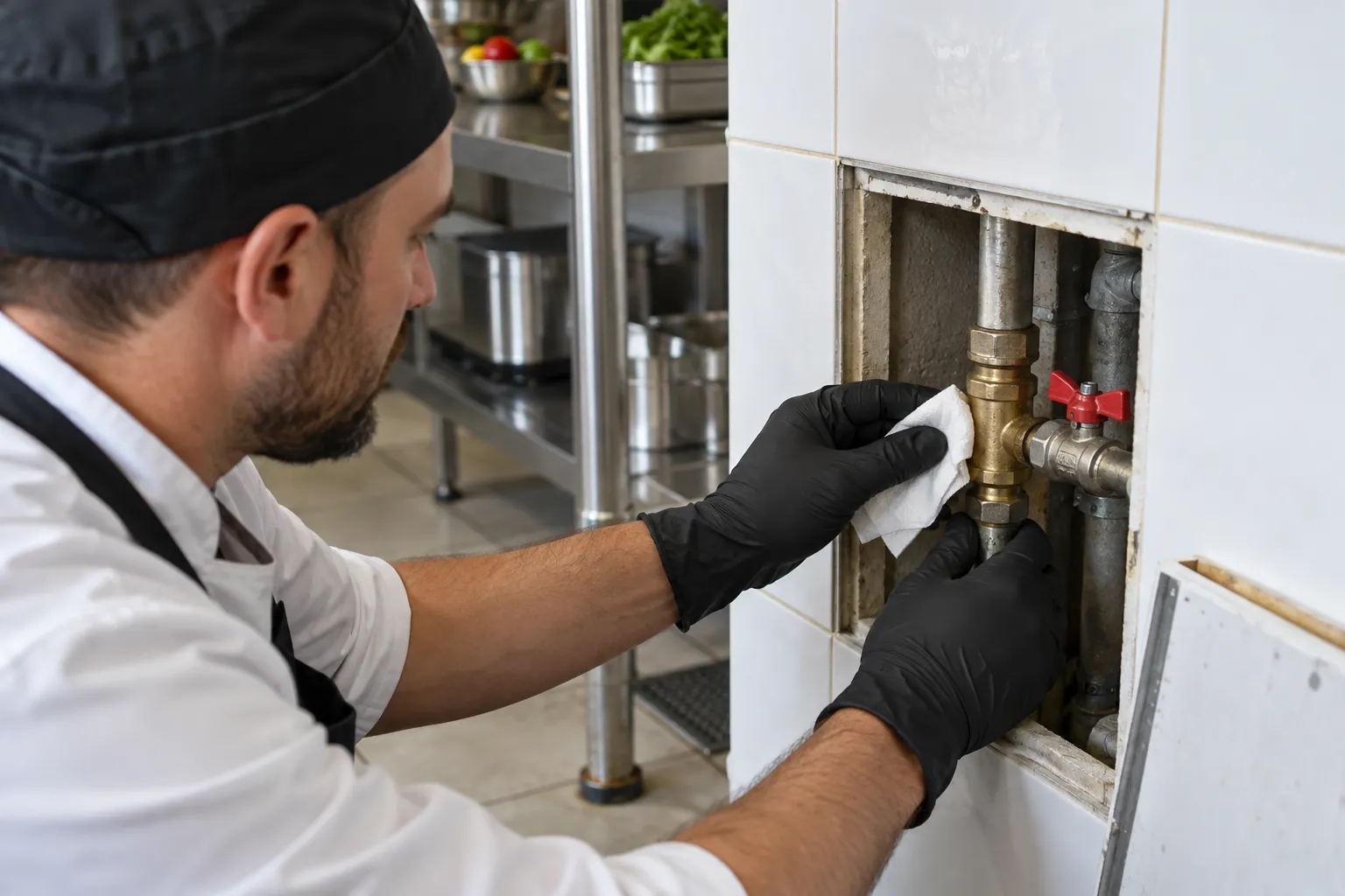Servis açıklığındaki boru birleşiminde çalışan teknisyen