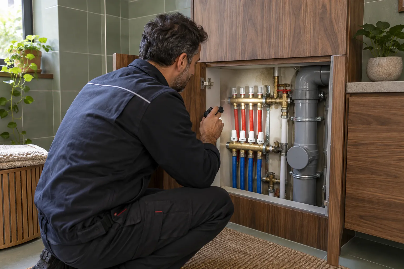 Servis açıklığındaki su bağlantılarını inceleyen teknisyen
