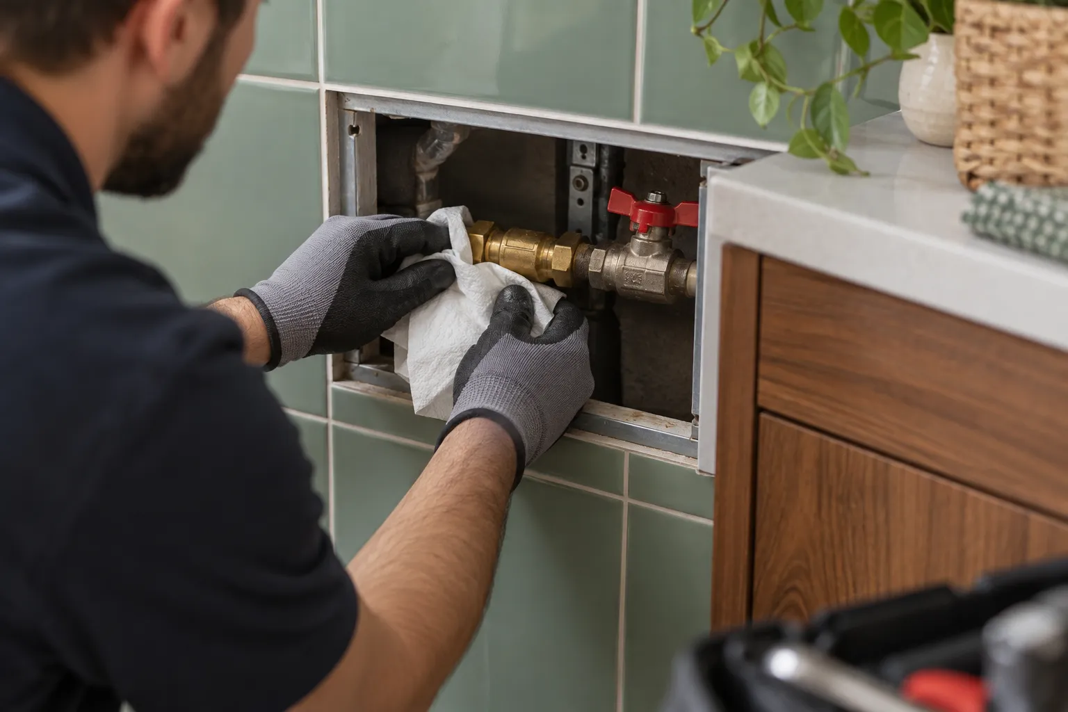 Servis açıklığındaki bağlantıda çalışan teknisyen