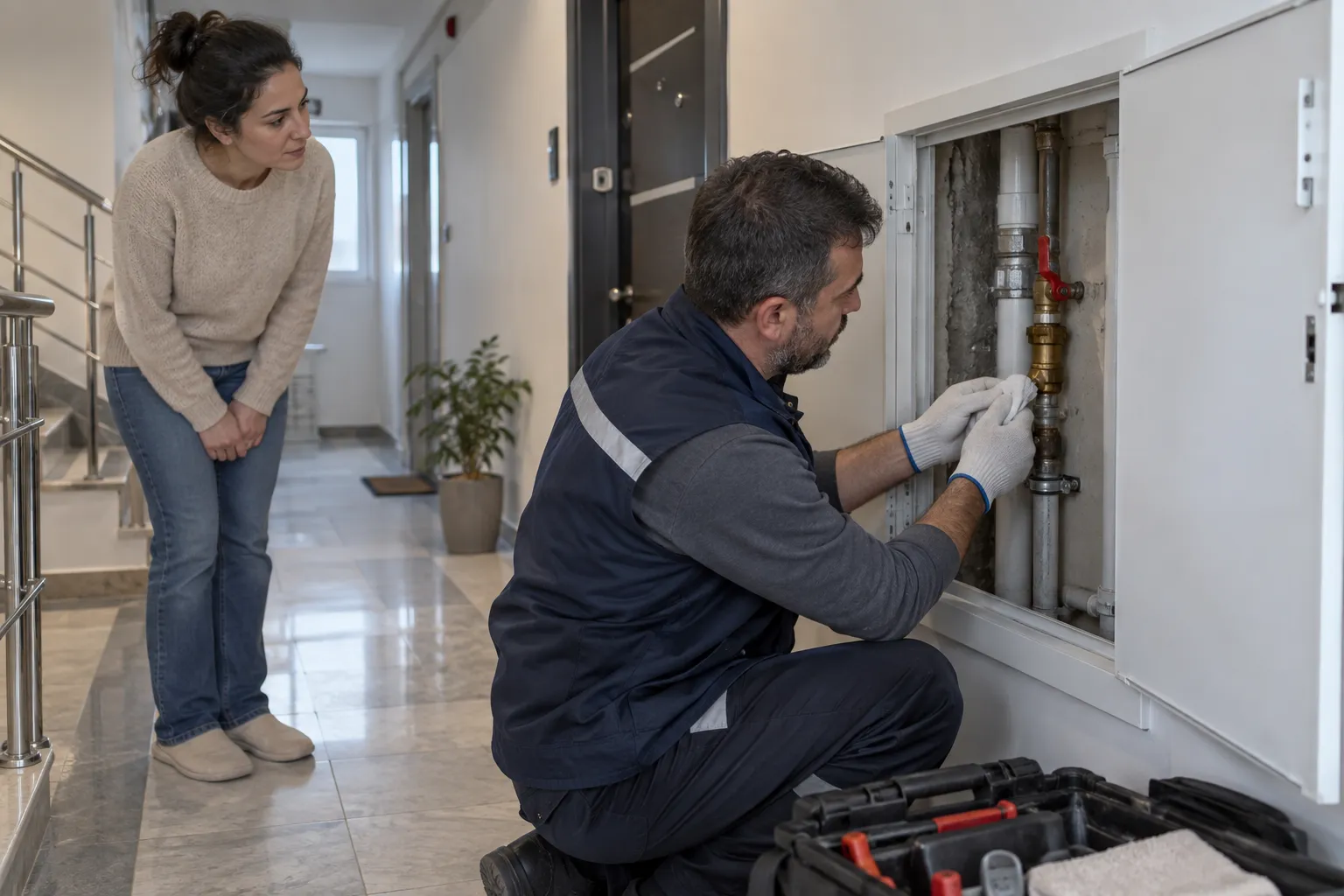 Servis açıklığındaki boru birleşimi üzerinde çalışan kişi