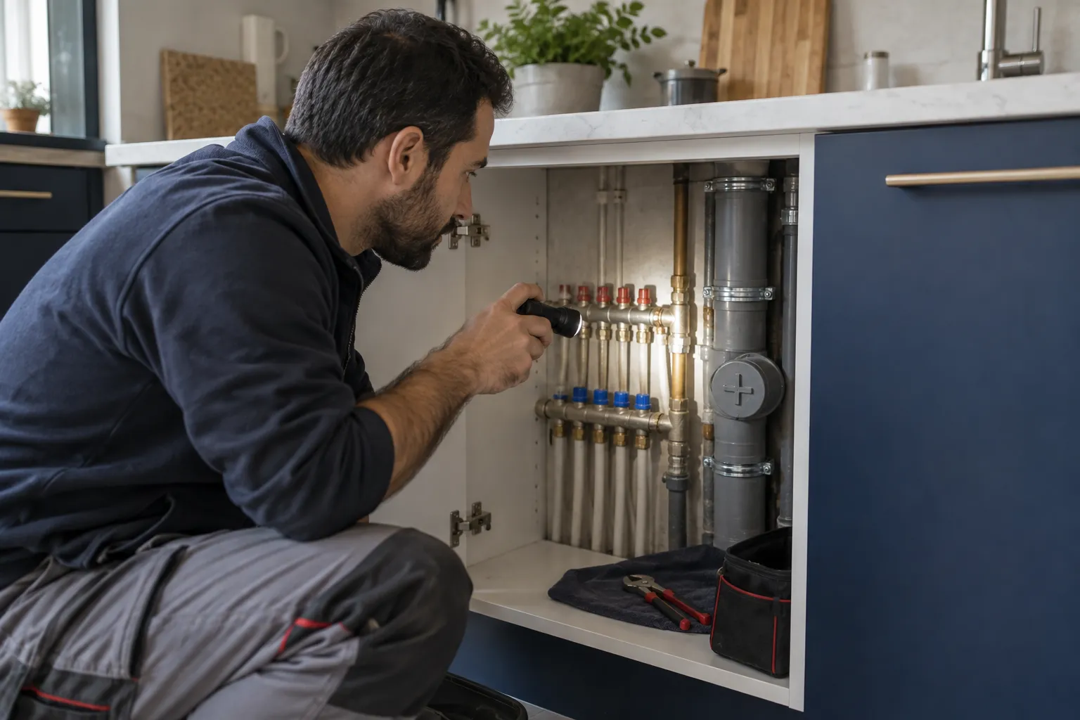 Servis açıklığındaki su bağlantılarını inceleyen teknisyen