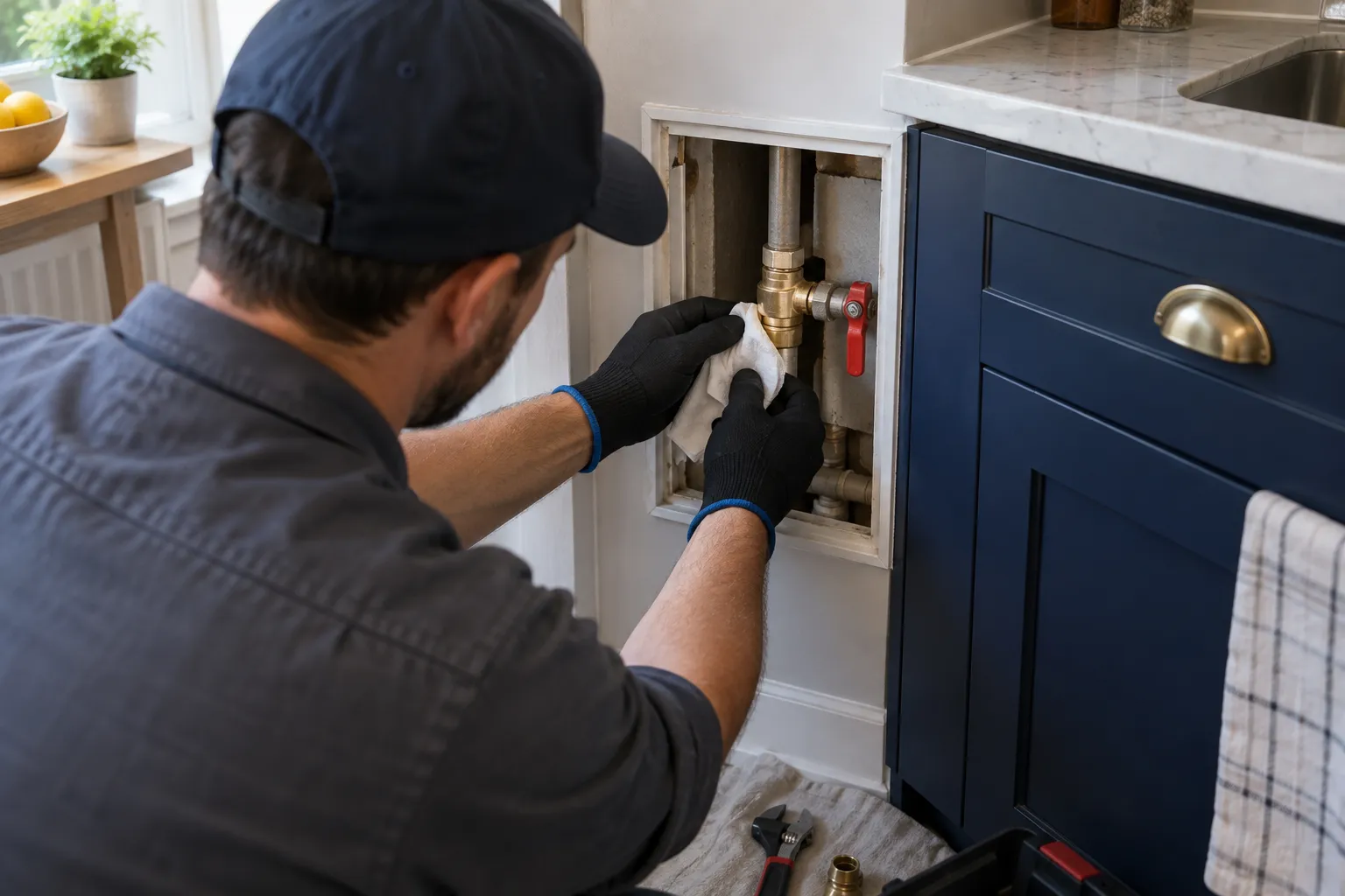 Servis açıklığındaki bağlantıda çalışan teknisyen