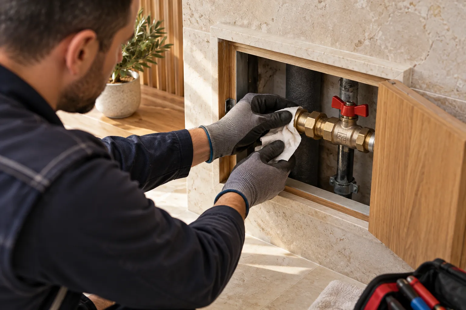 Servis açıklığındaki bağlantıda çalışan teknisyen