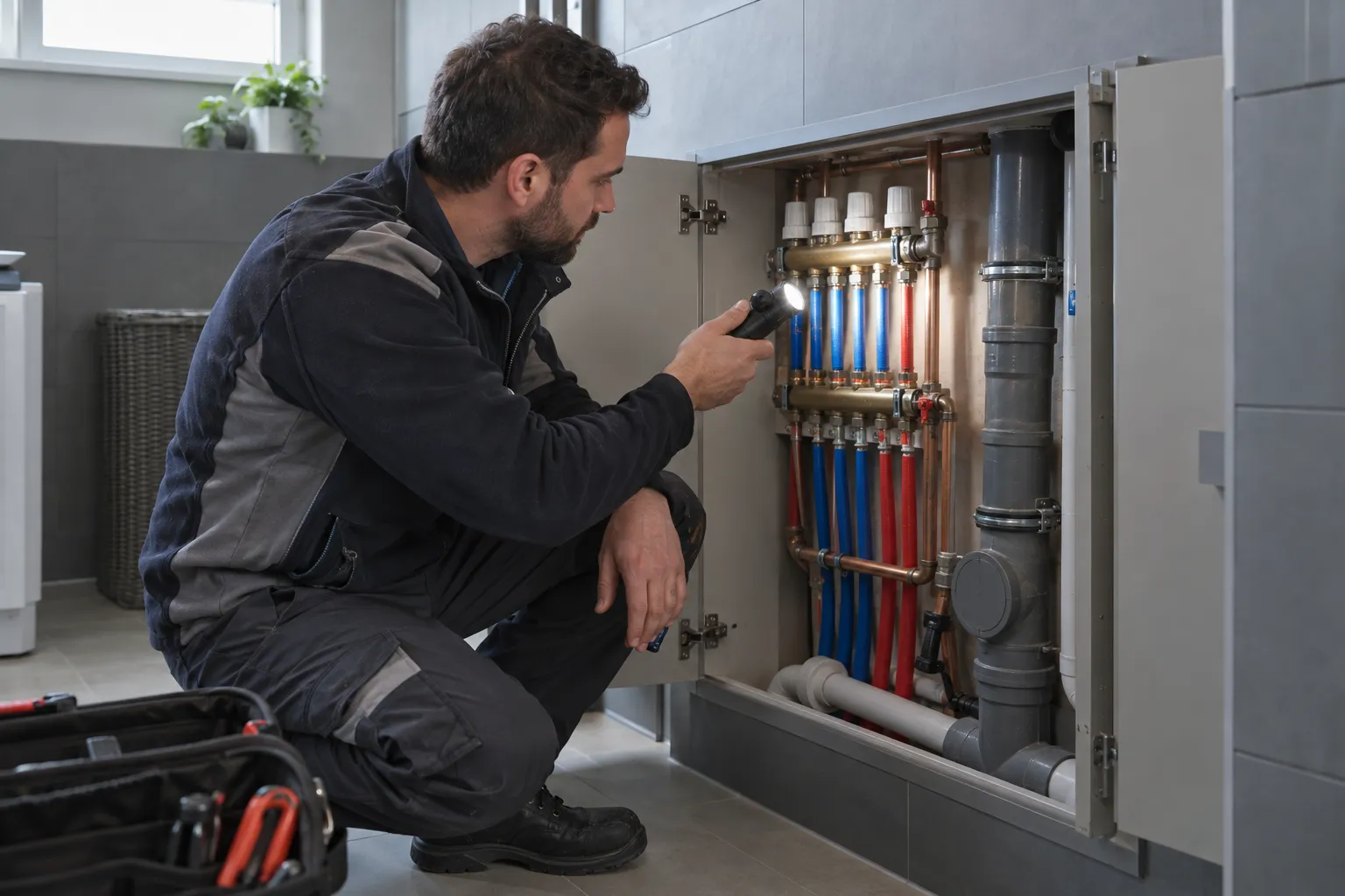 Servis açıklığındaki dağıtım bağlantılarını inceleyen teknisyen