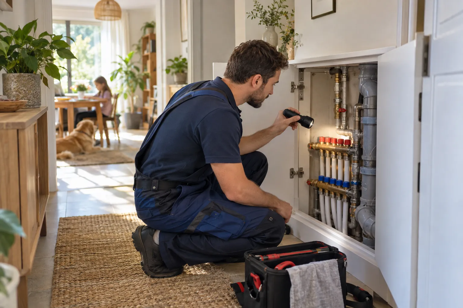 Servis açıklığındaki dağıtım bağlantılarını inceleyen teknisyen