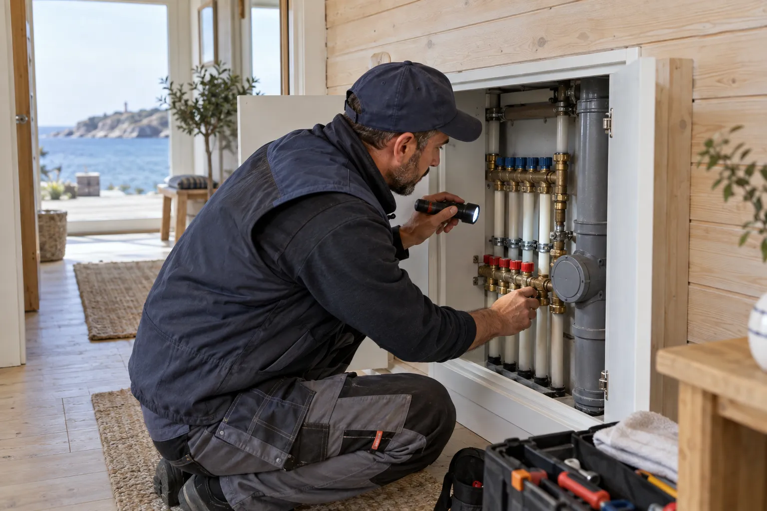 Servis dolabındaki tesisat bağlantılarını inceleyen teknisyen