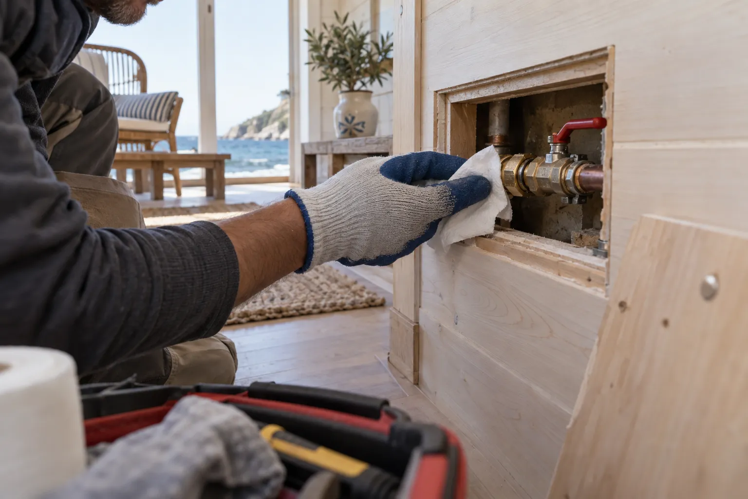Servis açıklığındaki boru bağlantısında çalışan teknisyen
