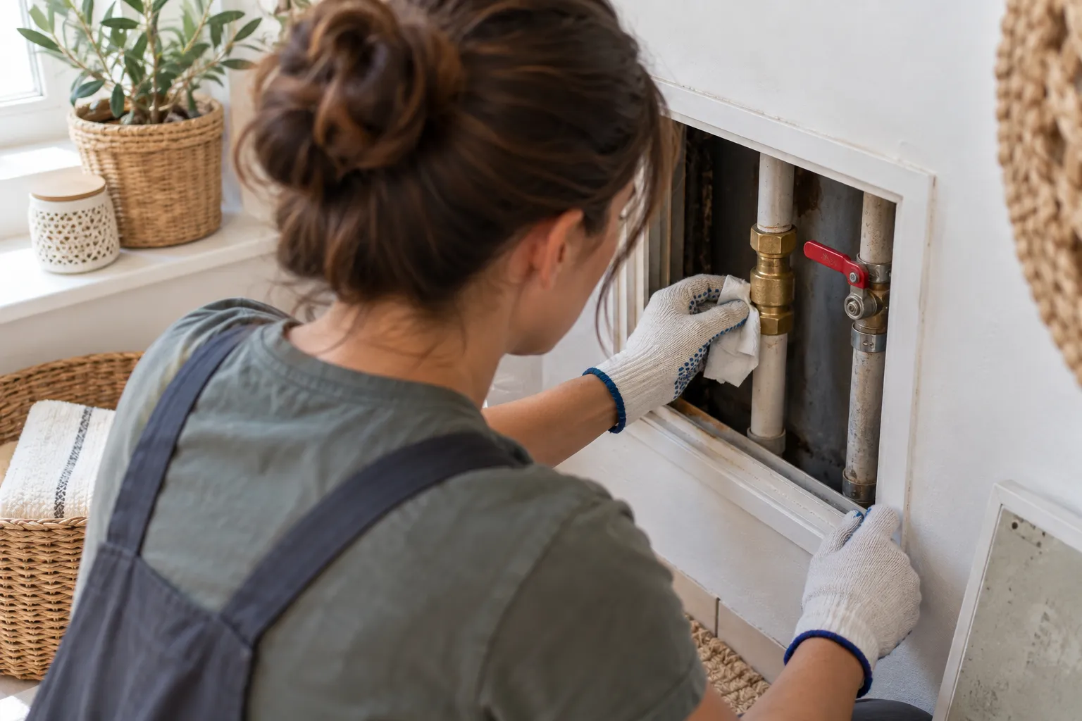 Servis açıklığındaki boru birleşimini bezle silen kişi