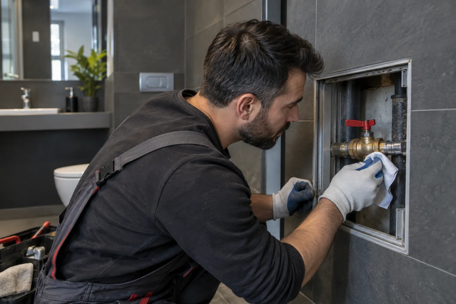 Servis açıklığındaki boru birleşimini bezle silen kişi
