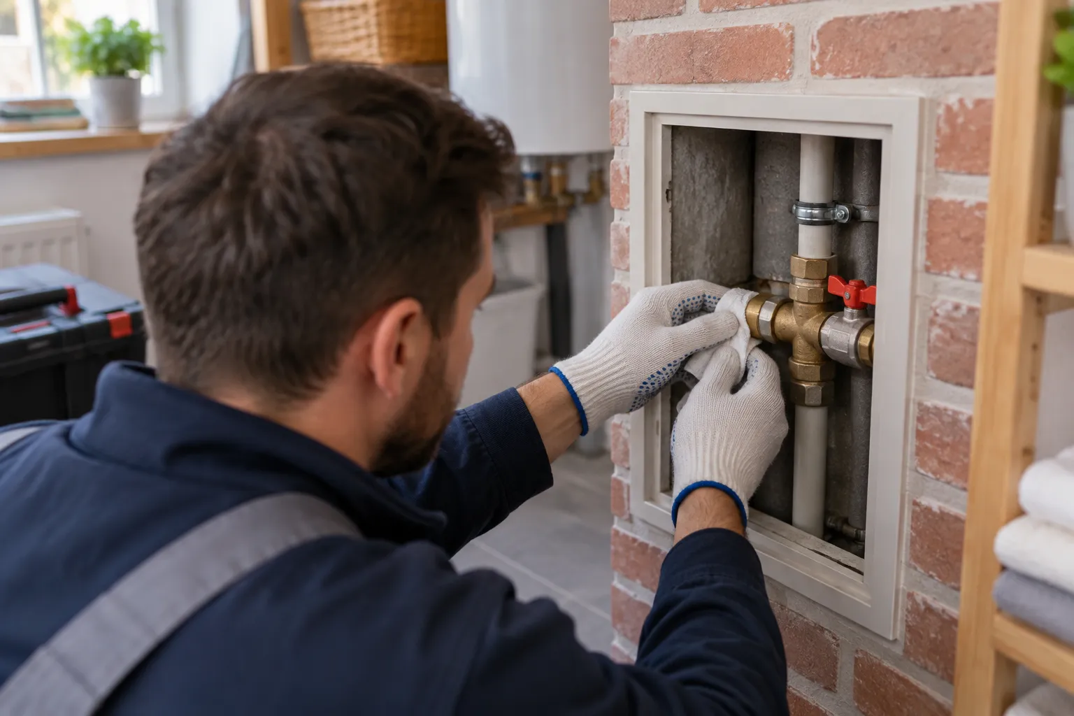 Servis açıklığındaki boru bağlantısında çalışan teknisyen