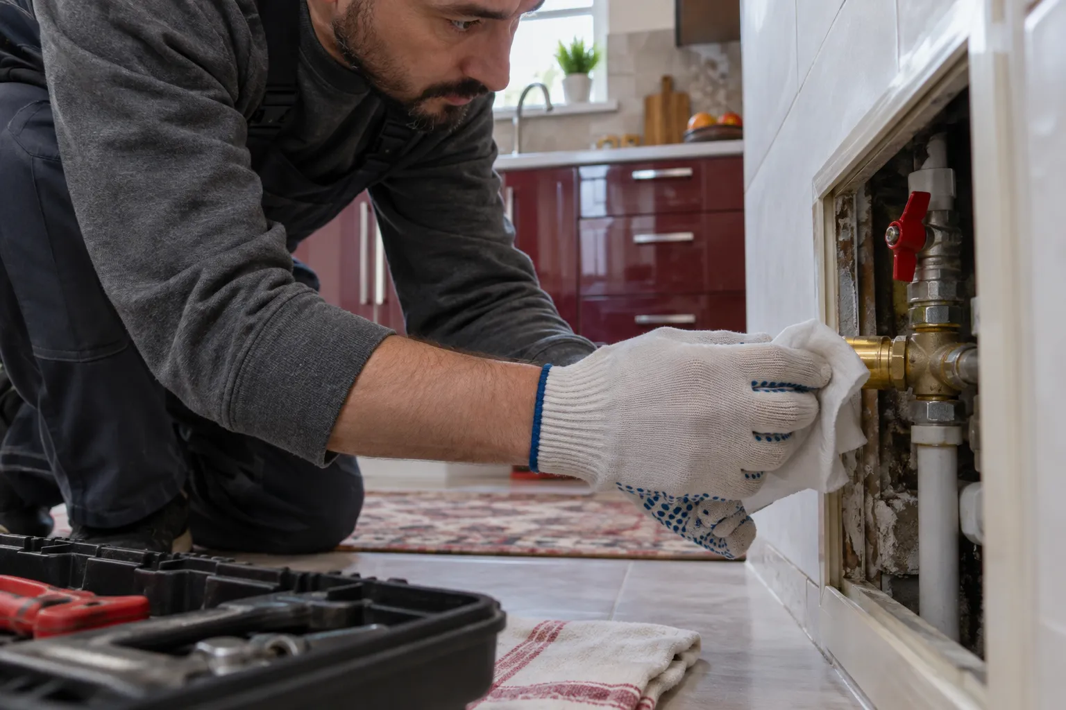 Servis açıklığındaki boru birleşimini bezle silen kişi