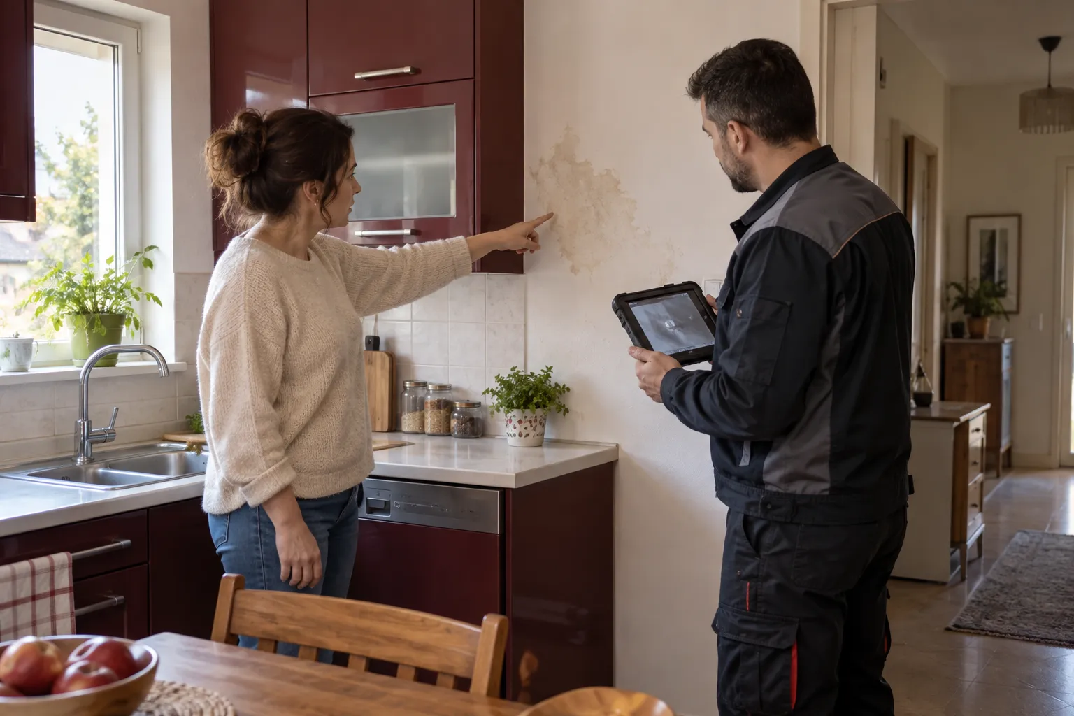 Mutfak duvarındaki izi gösteren kişi ve ekranlı cihaz tutan kişi