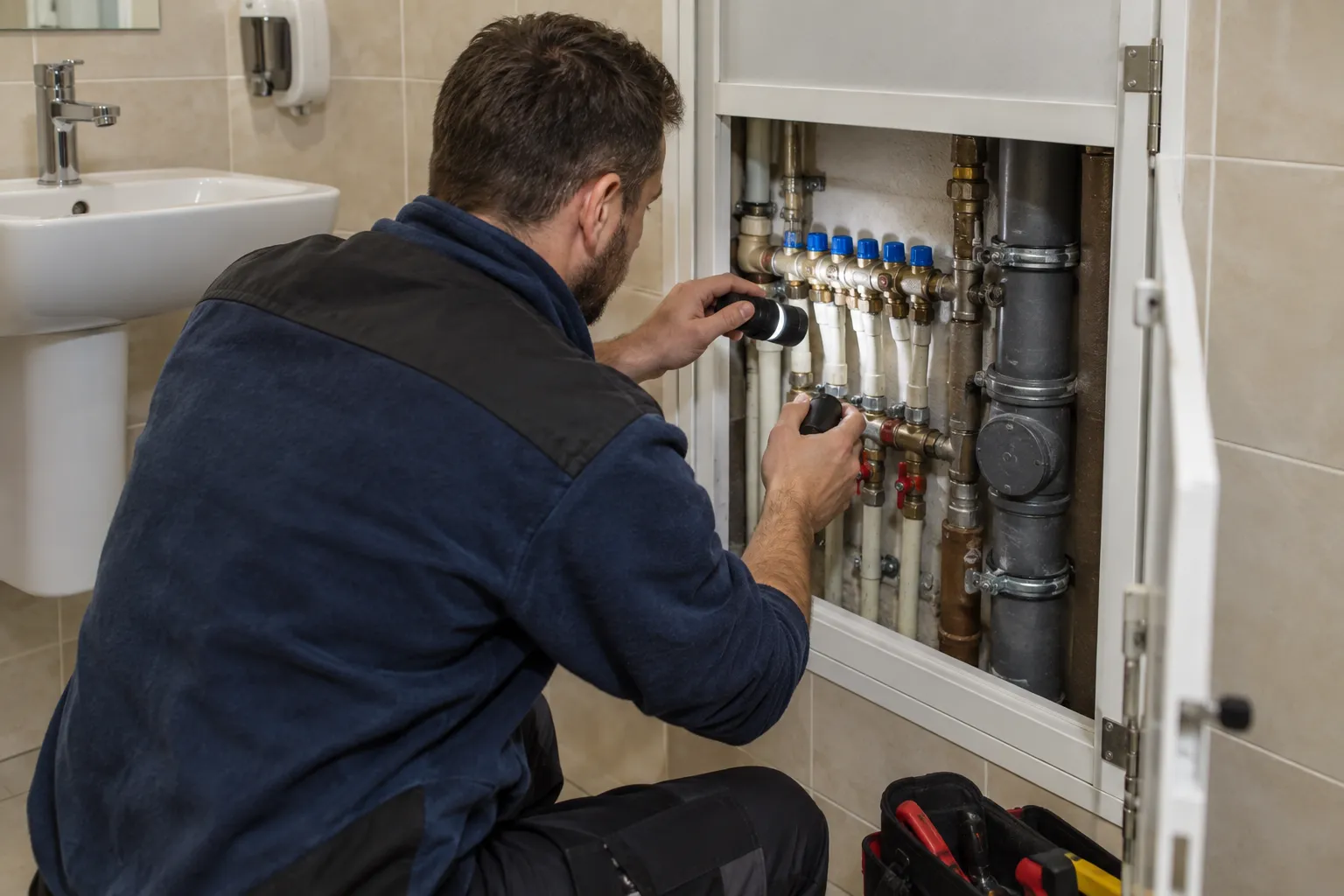 Servis açıklığındaki tesisat bağlantılarını inceleyen teknisyen
