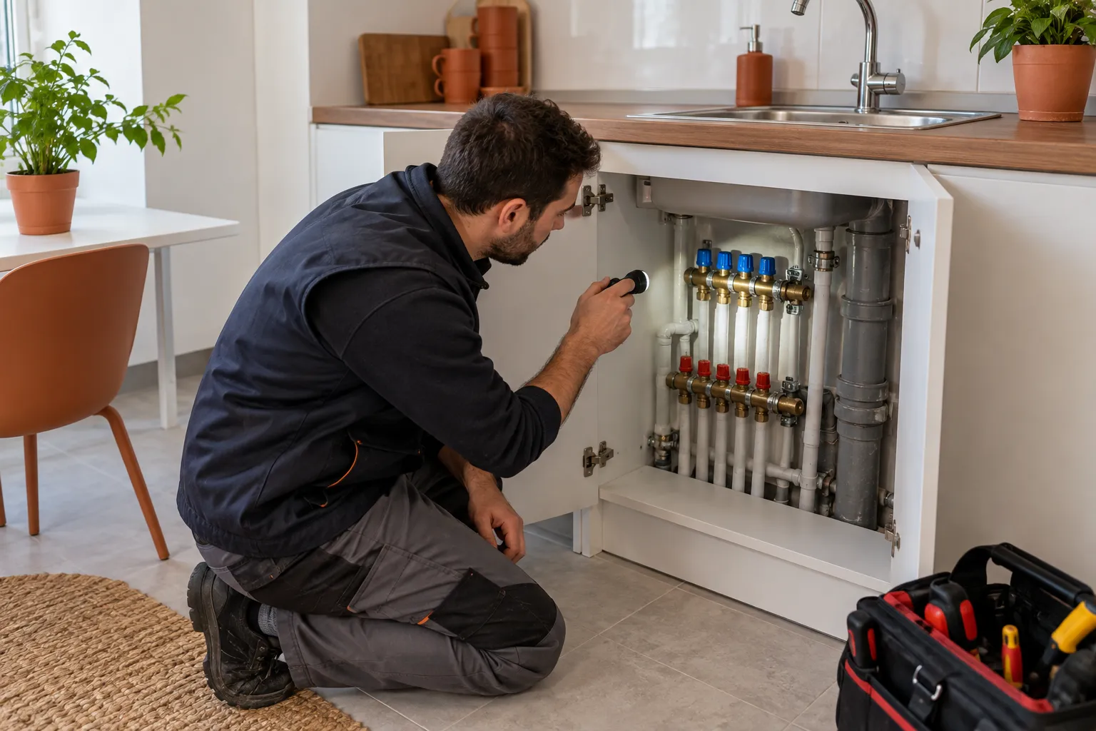 Servis açıklığındaki su bağlantılarını inceleyen teknisyen