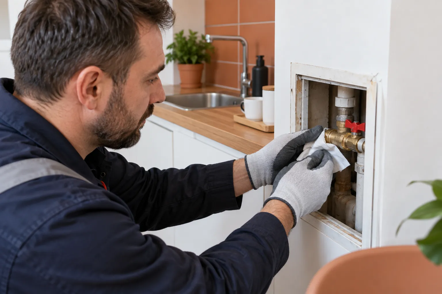 Servis açıklığındaki bağlantıda çalışan teknisyen