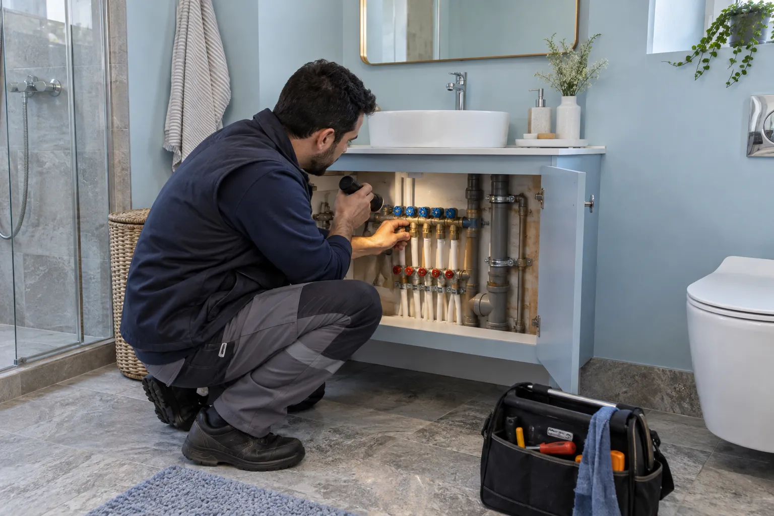 Servis açıklığındaki su bağlantılarını inceleyen teknisyen