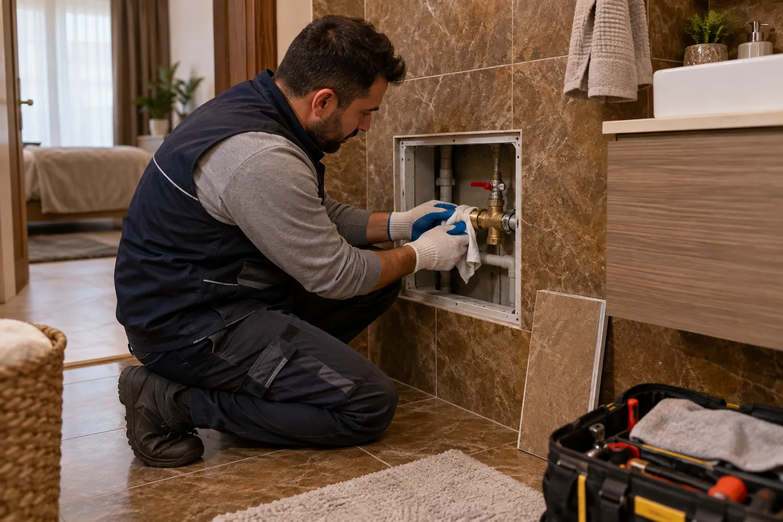 Banyo duvarındaki servis açıklığında boru birleşimini bezle silen kişi